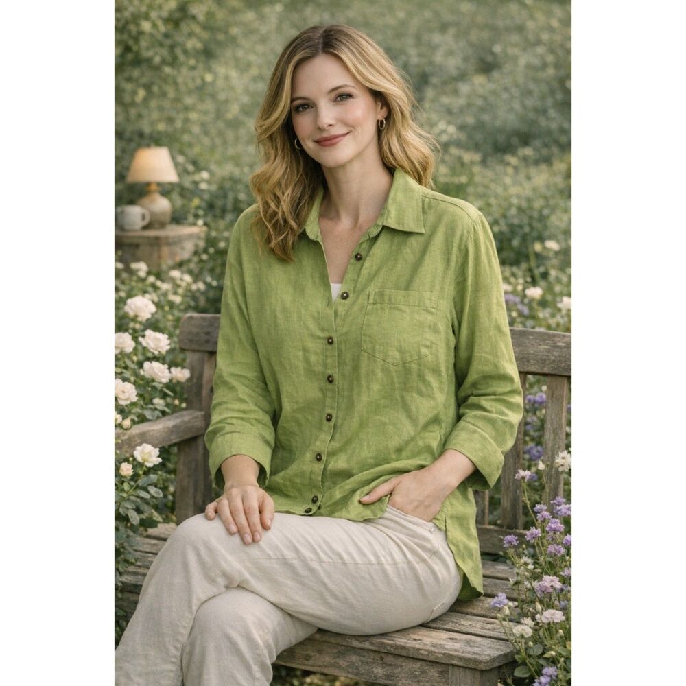 Anne Klein Women`s 100% Linen Button-up Tunic Top Green 24W Relaxed Boho